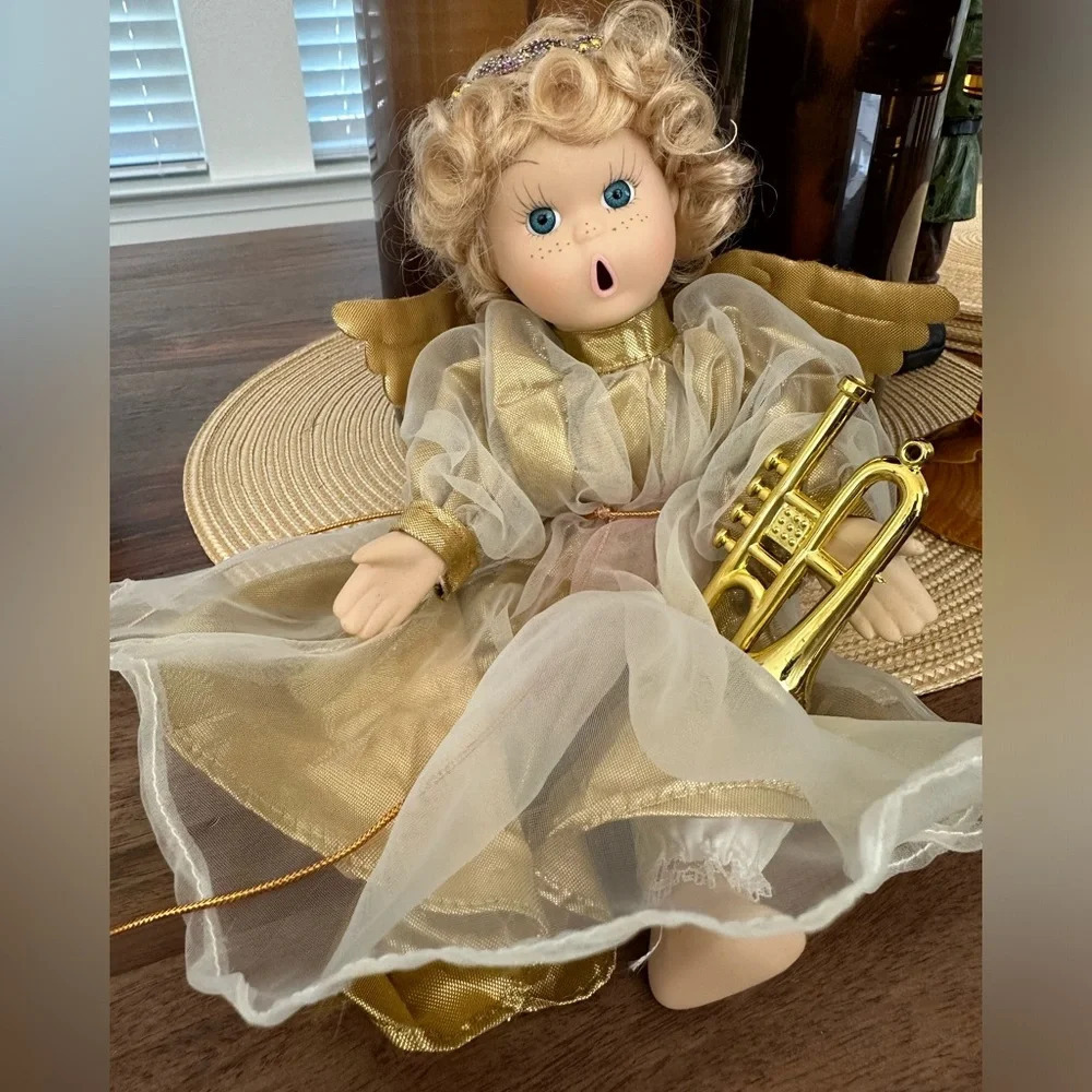 Vintage Christmas Victorian Porcelain Angel Ornament Home decor Gold Trumpet